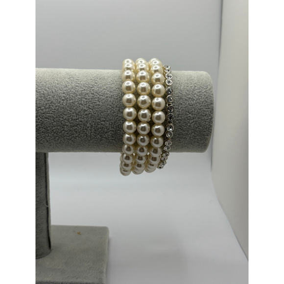 Women's Cream Pearl & Silver Rhinestone Bracelet Set - Picture 2 of 3